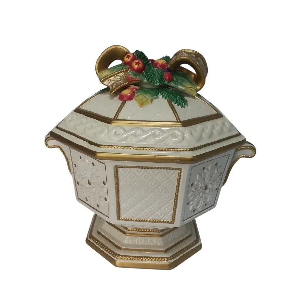 Fitz and Floyd Soup Tureen Snowy Woods Covered Dish Holiday Decor Octagon‎